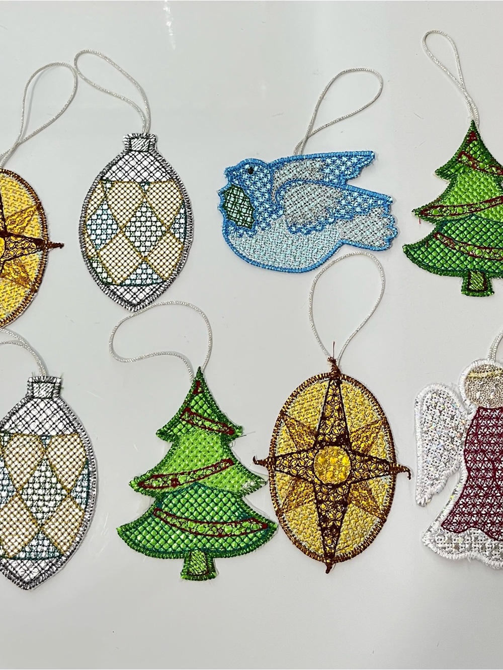 Lot of 8 Glittery Metallic Yarn Fabric Christmas Ornaments